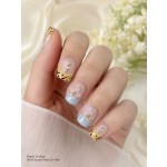 Fresh Garden Short‑Square Press‑On Nails, Yellow‑Blue Contrast Polka‑Dot French False Nails with 3D Flowers, Teardrop Rhinestones & Gold Beads